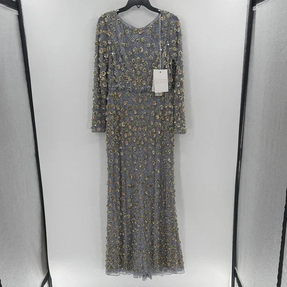 Mac Duggal 5437 Silver Embellished Long Sleeve High Neck Gown - Platinum Gold 10